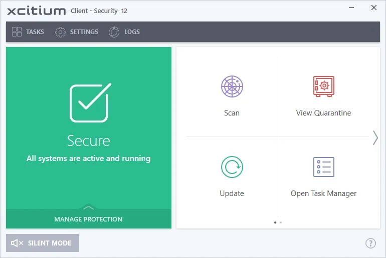 Xcitium Client Security op een Windows-pc met status Secure